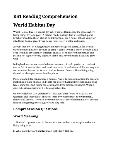 World Habitat Day KS1 Reading Comprehension | Year 1 & Year 2