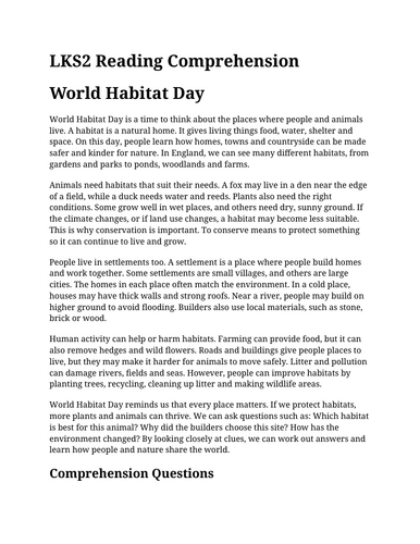 World Habitat Day LKS2 Reading Comprehension | Year 3 & Year 4