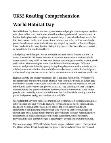 World Habitat Day UKS2 Reading Comprehension | Year 5 & Year 6