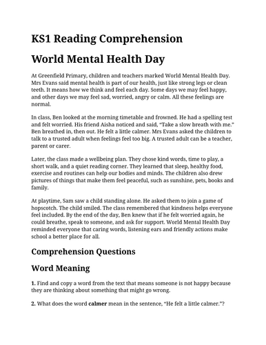 World Mental Health Day KS1 Reading Comprehension | Year 1 & Year 2