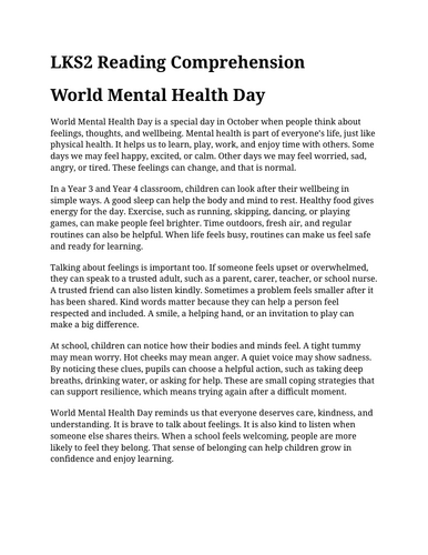 World Mental Health Day LKS2 Reading Comprehension | Year 3 & Year 4
