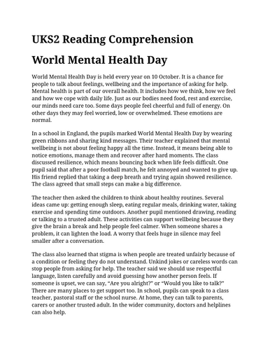 World Mental Health Day UKS2 Reading Comprehension | Year 5 & Year 6