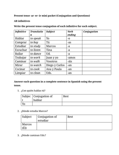 Present tense -ar -er -ir mini packet (Conjugation and Questions)
