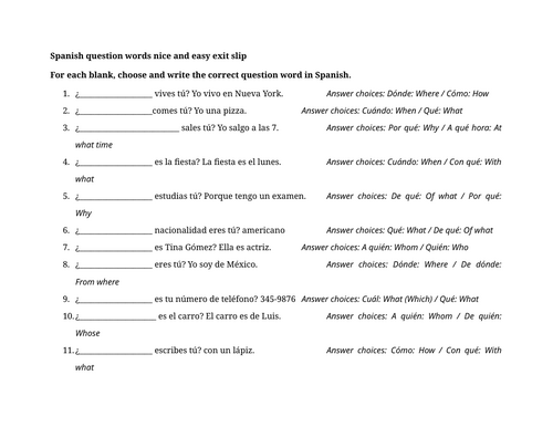 Spanish question words nice and easy exit slip