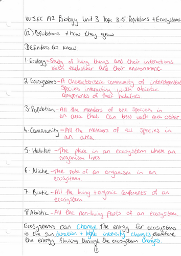 WJEC WJEC A level Biology A2 Unit 3 Topic 3.5: Populations and ecosystems  handwritten notes