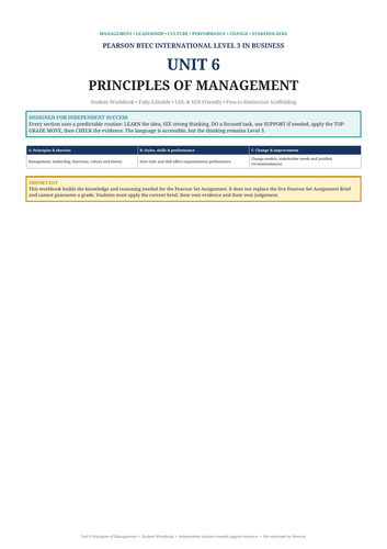 BTEC International Level 3 Business Unit 6 Principles of Management | 40-Page Workbook | Editable