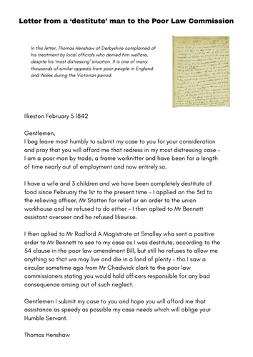 Non Fiction - Victorian Text - Letter from a destitute man