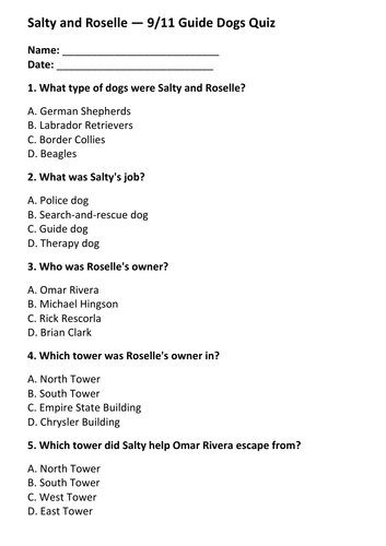 Salty and Roselle Guide Dogs of 9/11 Quiz