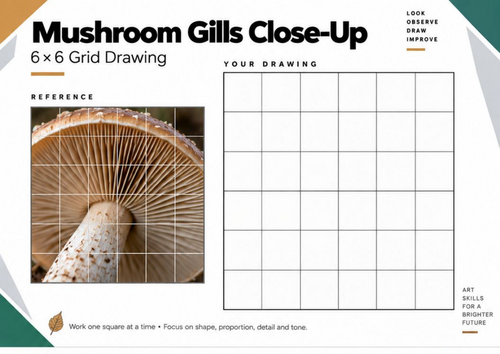 Mushroom Gills Close-Up Grid Drawing Worksheet | KS3 & KS4 Art