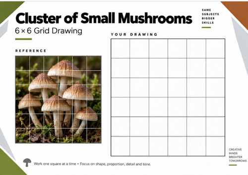 Cluster of Small Mushrooms Grid Drawing Worksheet | KS3 & KS4 Art