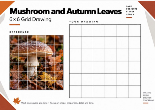 Mushroom and Autumn Leaves Grid Drawing Worksheet | KS3 & KS4 Art