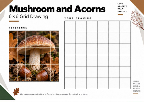 Mushroom and Acorns Grid Drawing Worksheet | Autumn KS3 & KS4 Art