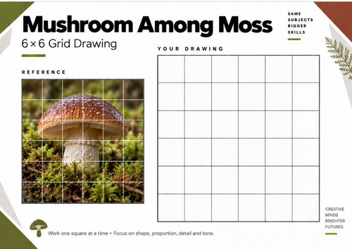 Mushroom Among Moss Grid Drawing Worksheet | KS3 & KS4 Art