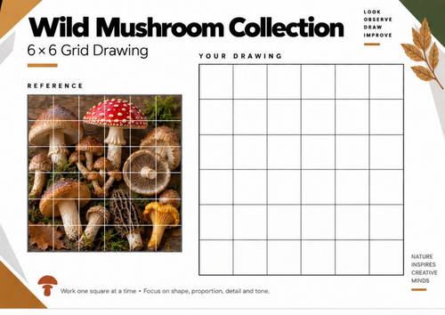 Wild Mushroom Collection Grid Drawing Worksheet | KS3 & KS4 Art