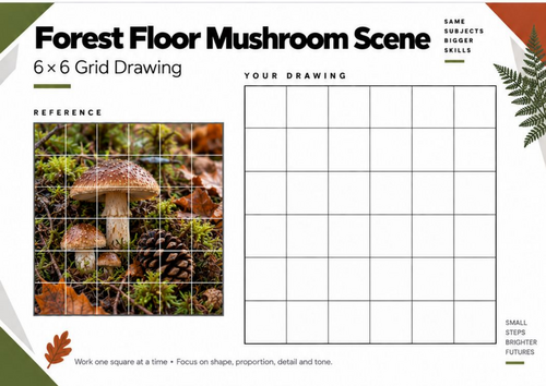 Forest Floor Mushroom Scene Grid Drawing Worksheet | KS3 & KS4 Art
