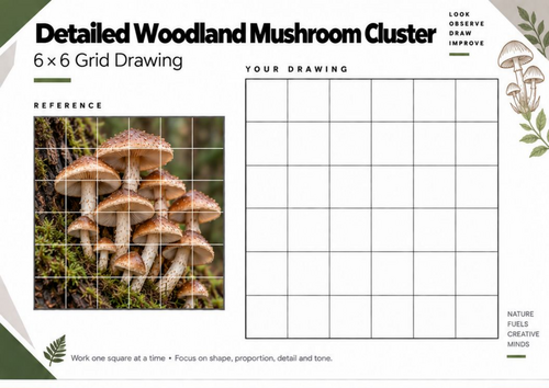 Detailed Woodland Mushroom Cluster Grid Drawing | KS3 & KS4 Art