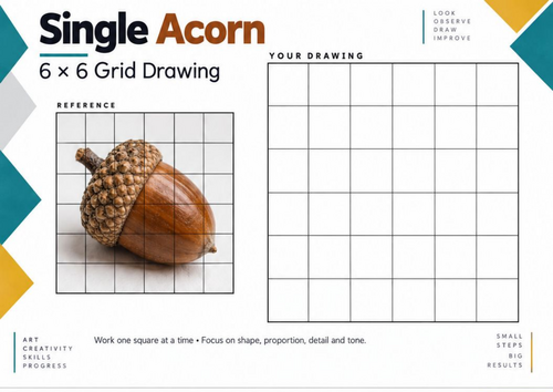 Single Acorn – 6 × 6 Grid Drawing Worksheet | KS3 & KS4 Art