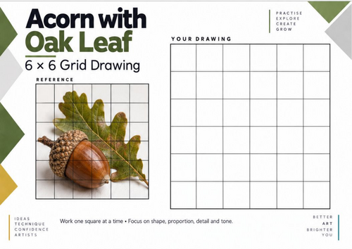 Acorn with Oak Leaf – 6 × 6 Grid Drawing Worksheet | KS3 & KS4 Art