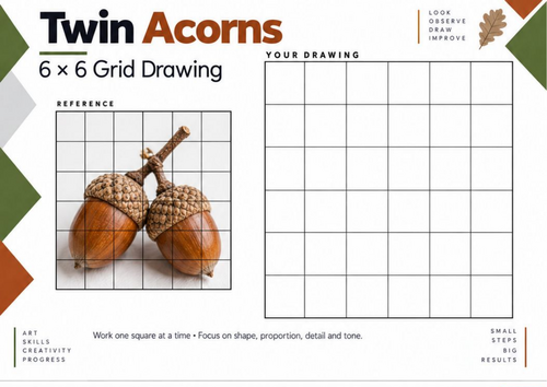 Twin Acorns – 6 × 6 Grid Drawing Worksheet | KS3 & KS4 Art