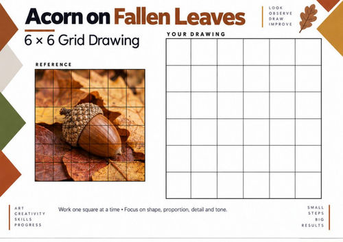Acorn on Fallen Leaves – Autumn Grid Drawing Worksheet | KS3 & KS4