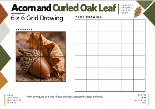 Acorn and Curled Oak Leaf – Grid Drawing Worksheet | KS3 & KS4 Art