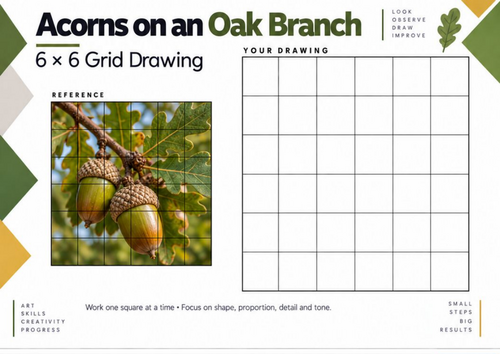 Acorns on an Oak Branch – 6 × 6 Grid Drawing Worksheet | KS3 & KS4