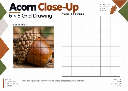 Acorn Close-Up – Detailed 6 × 6 Grid Drawing Worksheet | KS3 & KS4