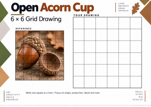 Open Acorn Cup – 6 × 6 Grid Drawing Worksheet | Natural Forms Art