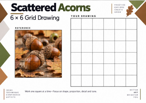 Scattered Acorns – Autumn 6 × 6 Grid Drawing Worksheet | KS3 & KS4