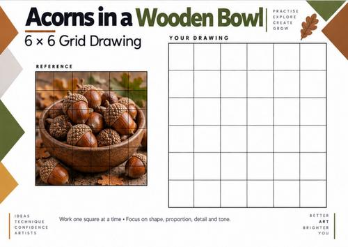 Acorns in a Wooden Bowl – Still Life Grid Drawing Worksheet | KS3 & KS4