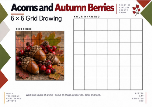 Acorns and Autumn Berries – Seasonal Grid Drawing Worksheet | KS3 & KS4