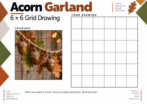 Acorn Garland – Autumn 6 × 6 Grid Drawing Worksheet | KS3 & KS4 Art