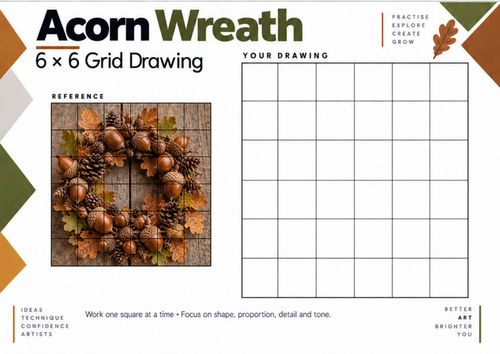 Acorn Wreath – Detailed Autumn Grid Drawing Worksheet | KS3 & KS4