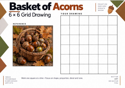 Basket of Acorns – Autumn Still Life Grid Drawing Worksheet | KS3 & KS4