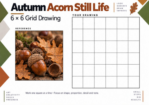 Autumn Acorn Still Life – 6 × 6 Grid Drawing Worksheet | KS3 & KS4