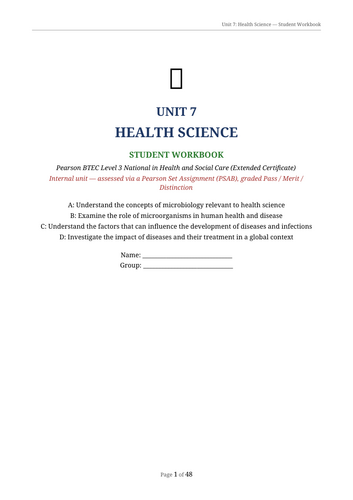 Unit 7 Health Science | 41-Page Complete Workbook | Health Science Revision & Assessment Support