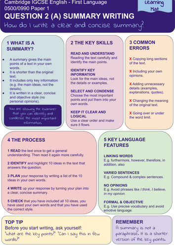 Cambridge IGCSE First Language English 0500/0990 - Paper 1 Q2(a) Summary Learning Mat