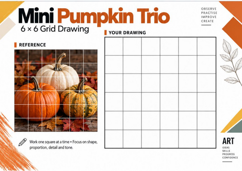 Mini Pumpkin Trio Grid Drawing Worksheet | KS3 KS4 Art