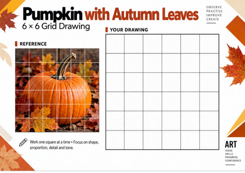 Pumpkin with Autumn Leaves Grid Drawing Worksheet | KS3 KS4