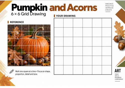 Pumpkin and Acorns Grid Drawing Worksheet | Autumn Art KS3 KS4