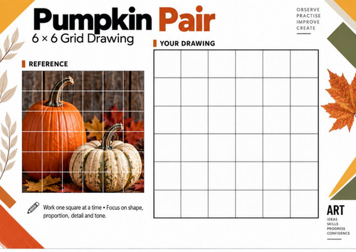 Pumpkin Pair Grid Drawing Worksheet | Autumn Drawing | KS3 KS4