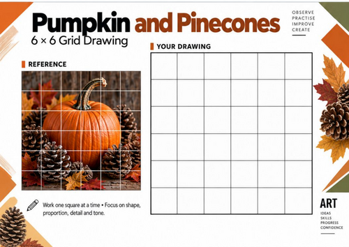 Pumpkin and Pinecones Grid Drawing Worksheet | KS3 KS4 Autumn Art