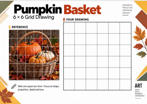 Pumpkin Basket Grid Drawing Worksheet | Autumn Art Activity KS3 KS4