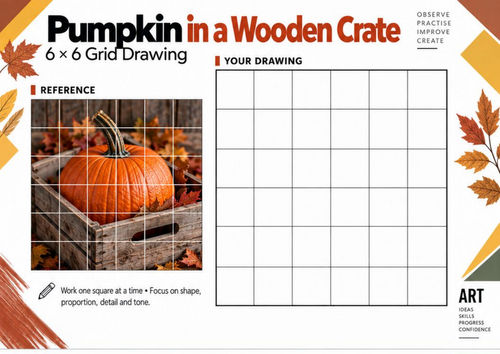 Pumpkin in a Wooden Crate Grid Drawing Worksheet | KS3 KS4 Art