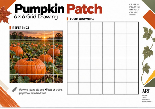 Pumpkin Patch Grid Drawing Worksheet | Autumn Landscape Art KS3 KS4