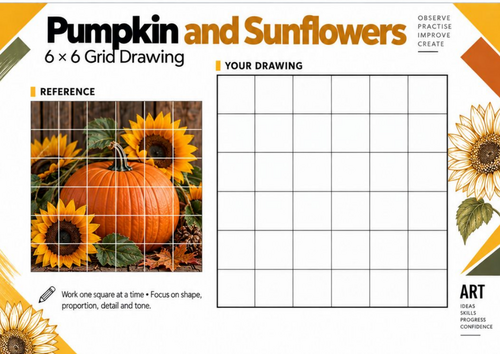 Pumpkin and Sunflowers Grid Drawing Worksheet | Autumn Art KS3 KS4