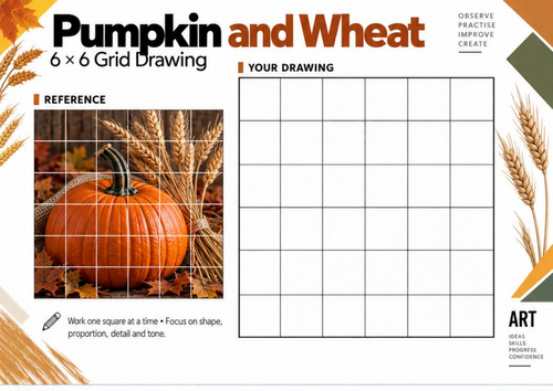 Pumpkin and Wheat Grid Drawing Worksheet | Harvest Art | KS3 KS4