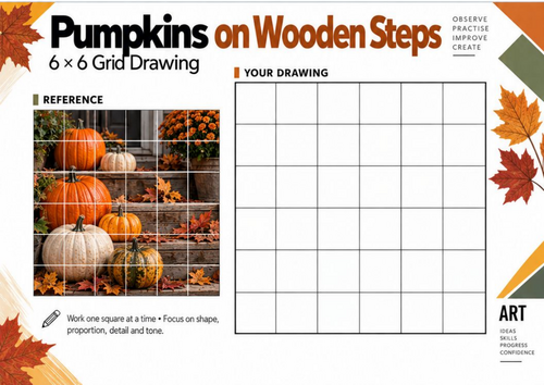 Pumpkins on Wooden Steps Grid Drawing Worksheet | KS3 KS4 Art