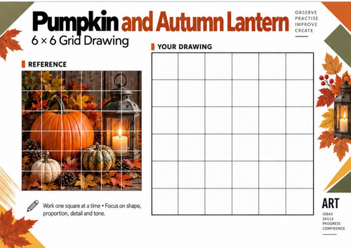 Pumpkin and Autumn Lantern Grid Drawing Worksheet | KS3 KS4 Art
