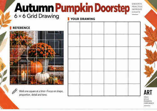 Autumn Pumpkin Doorstep Grid Drawing Worksheet | KS3 KS4 Art